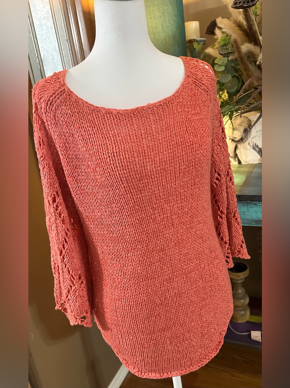 Sydney Easton Coral Open Knit Sweater Lightweight Long Sleeve Size Large